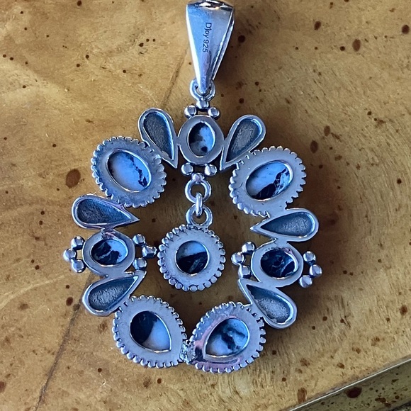 White Buffalo Turquoise Squash Blossom Pendant - Picture 4 of 7